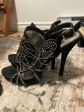 Black Crystal-Embellished Lace High Heel Sandals